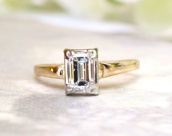 Vintage Emerald Cut Diamond Engagement Ring 0.50ct Diamond Solitaire Ring 14K Two Tone Gold Diamond Wedding Ring Bridal Jewelry