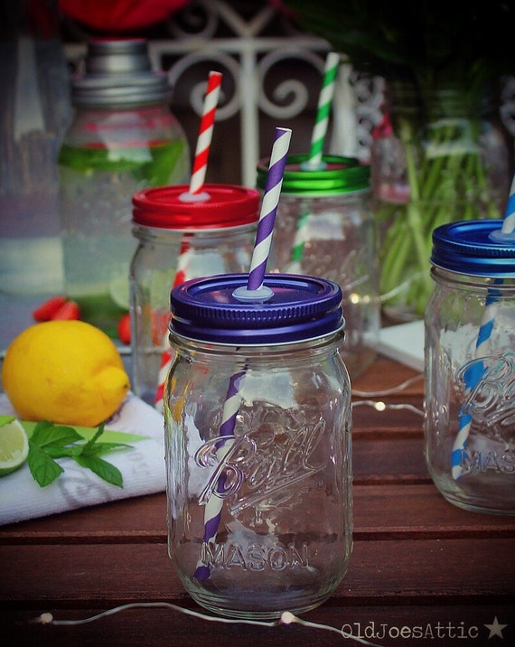 Ball Mason Glass Drinking Jar with Retro Purple Lid & Paper
