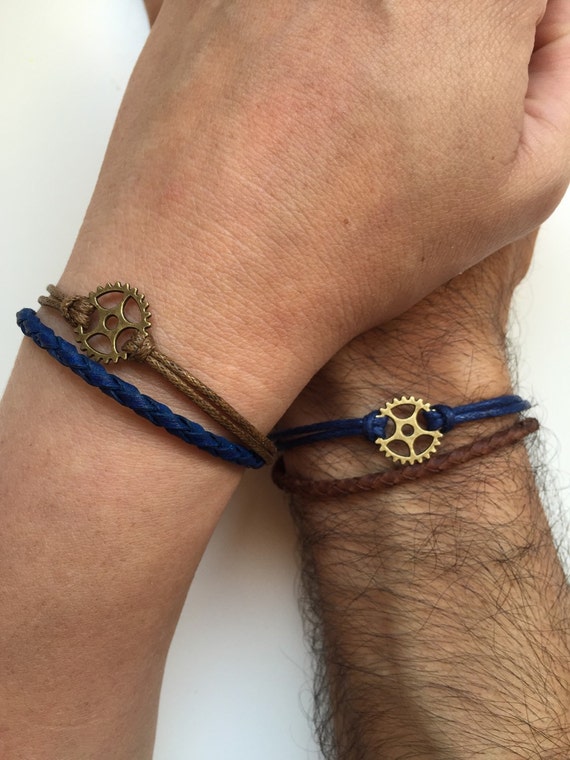 Couples Bracelets 233- friendship love cuff bronze gear charm bracelet leather braid gift adjustable current trendy innovative by enjoywelrydesign steampunk buy now online