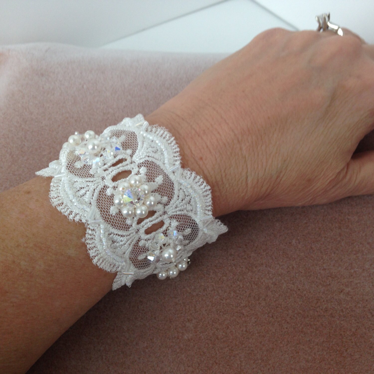 White Lace Bridal Cuff Bracelet with Swarovski Pearls