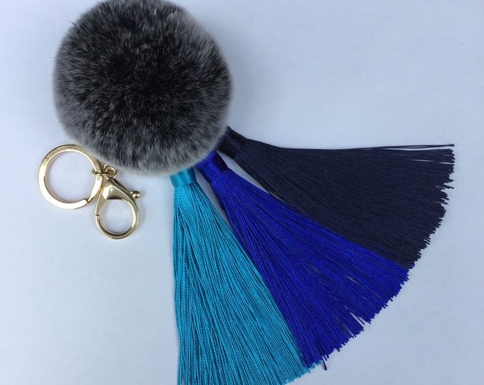 Blue Gradient Tassel Handbag Charm Fur Pom Pom ball keychain