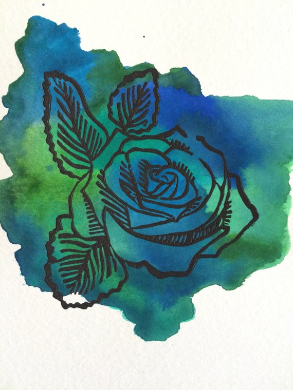 Rose Linoleum Print Colored by KatefromtheBay on Etsy