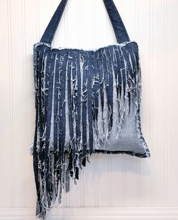 Denim Fringe Purse Handmade from Recycled Blue Jean by MissThread