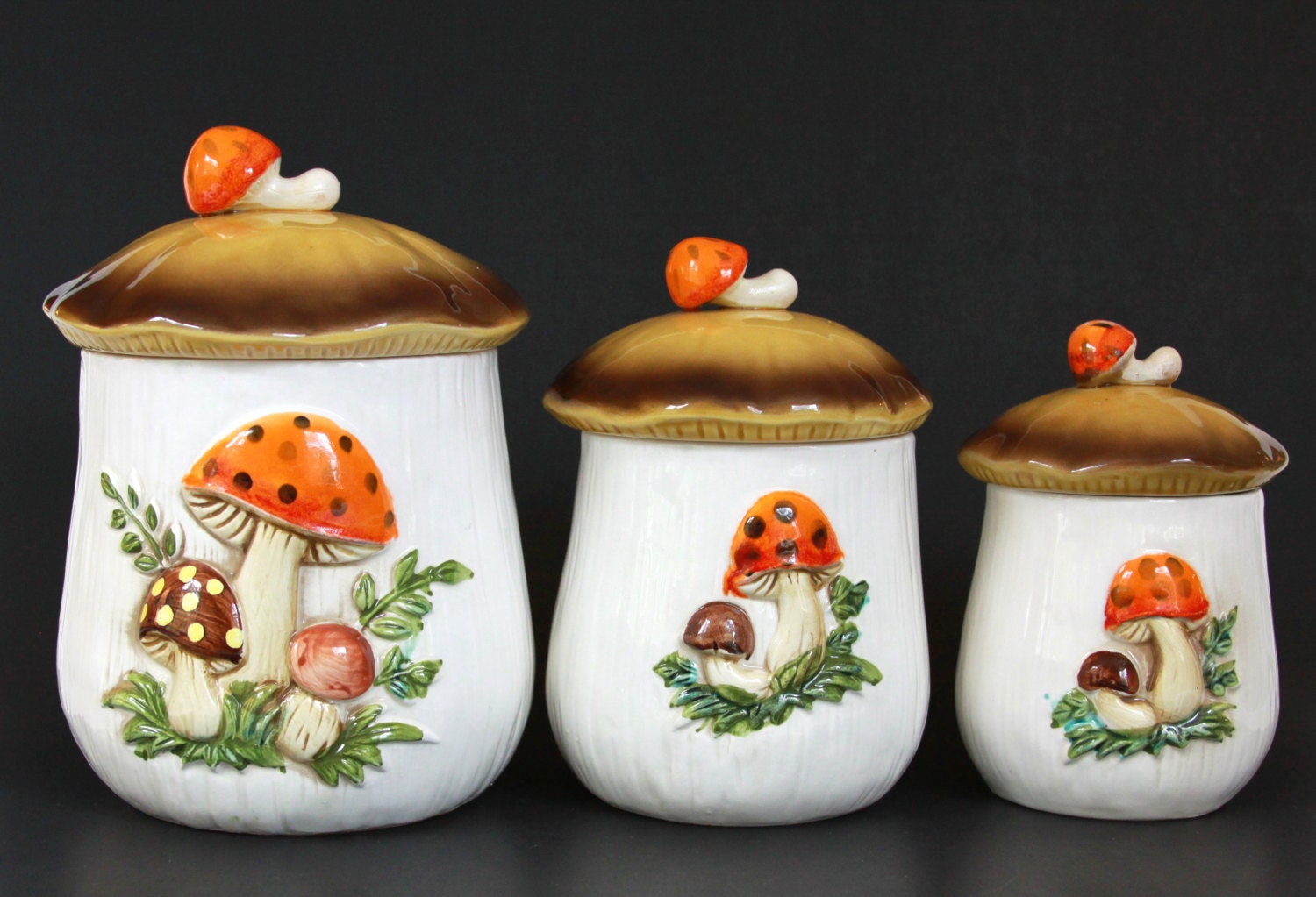 Vintage Mushroom Ceramic Canister Set Of 3 Made In Japan Retro