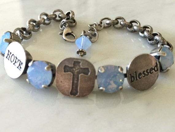 Blessed Bracelet with Air Blue Opal Crystals, in Antique Silver