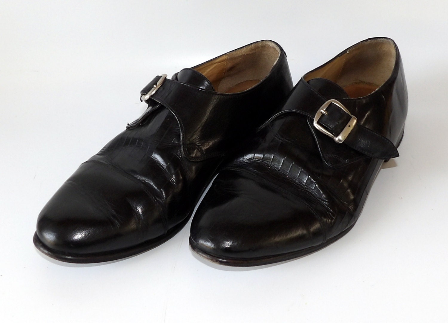 Black Leather Silver Buckle Shoes Vintage by MidCenturyMishMash