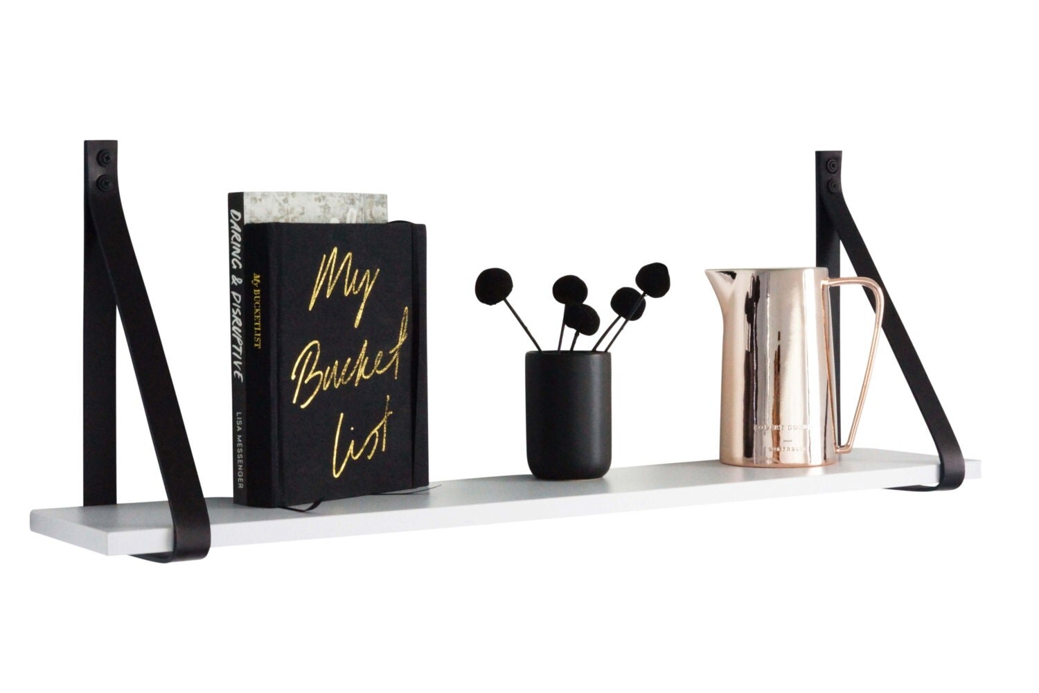 Leather Strap Shelf with Laminated Silver Grey Shelf and Black