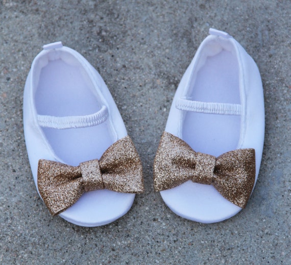 White Ballet Baby Shoes With Gold Sparkle by ValerieBabyBoutique