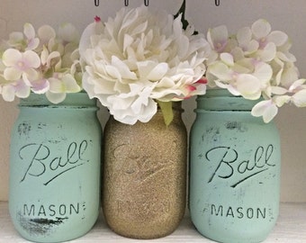 Glitter Mason Jar Set, Wedding Centerpieces, Shower Centerpieces, Gold and Mint Jars, Glitter Jars, Flower Vases, Center Pieces, Party Decor