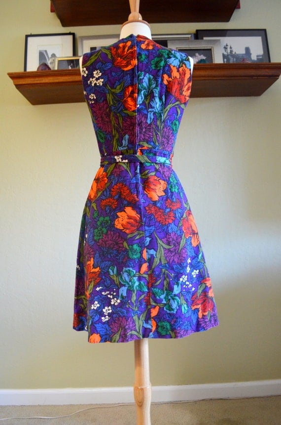 Vintage 1960s Mod Dress Purple and Orange Floral Sleeveless