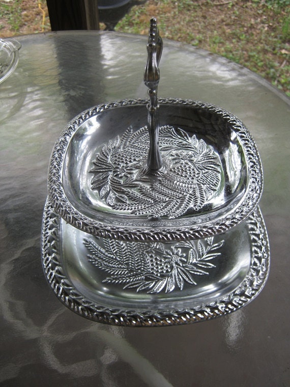 Two Tiered Metal Snack Tray Embossed Metal Square Trays