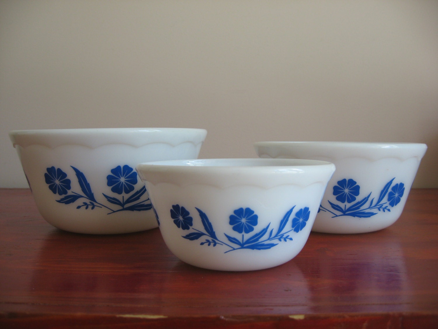 Vintage Hazel Atlas Blue Cornflower Mixing BowlsSet of Three