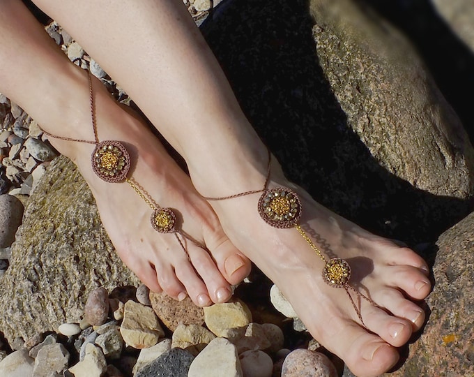 Beaded barefoot sandals/Bellydance jewelry/Beach wedding/Nude shoes/ sexy sandals/gold anklet