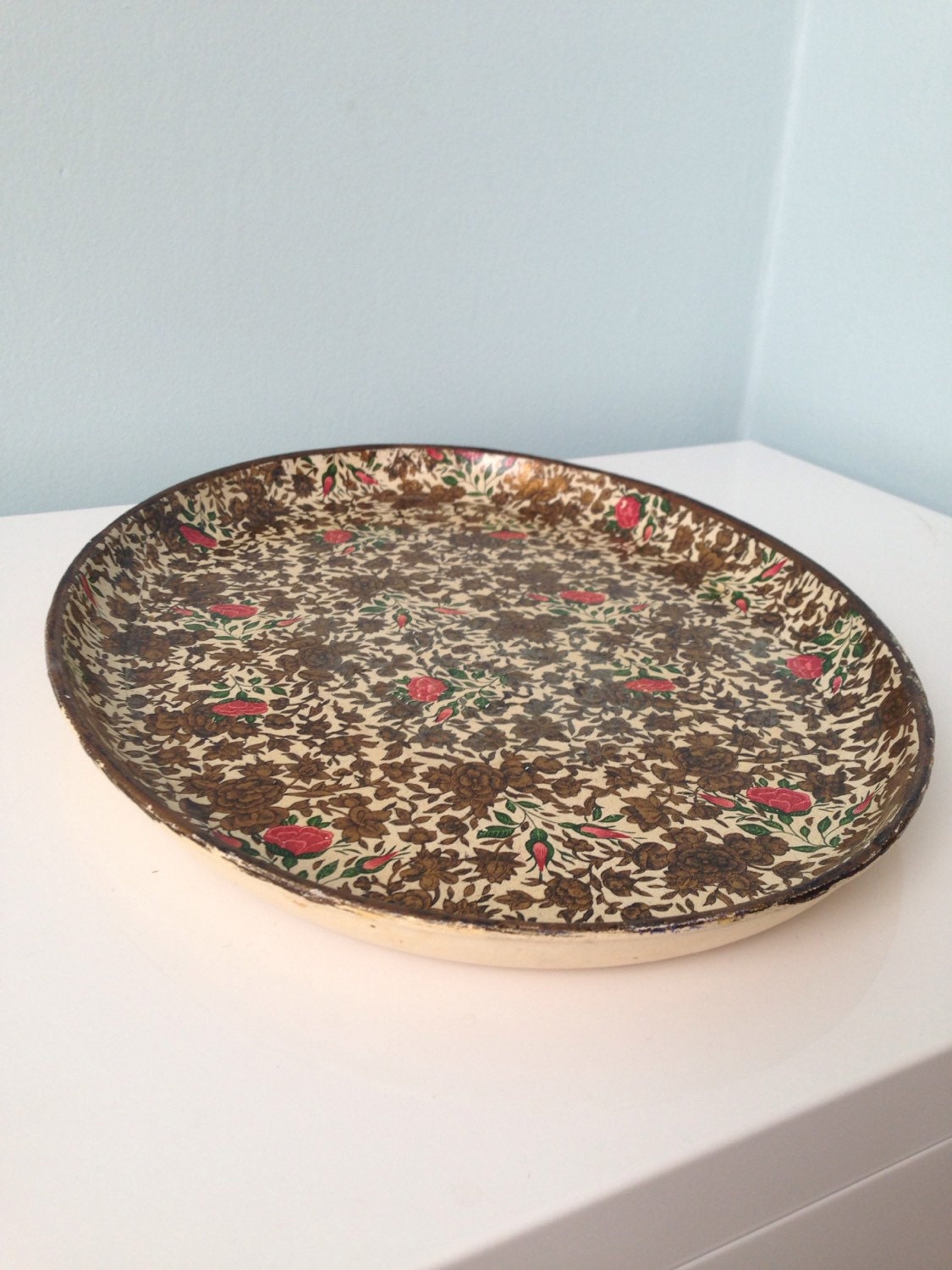 Vintage Tray / Paper Mache Tray / Shabby Chic Tray with Gold Pink Roses / Made in Japan Haute