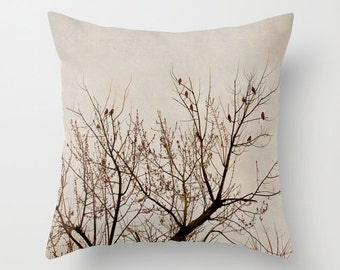 Tree pillow, beige brown decorative pillow, nature birds branch sofa accent pillows, toss throw pillow cover, designer cushion 18x18, 20x20