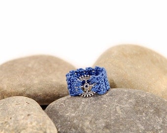 ring blue - steampunk ring - gear wheel - steampunk dress - cotton ring - crocheted jewelry - crochet ring - steampunk jewelry - MudenoMade