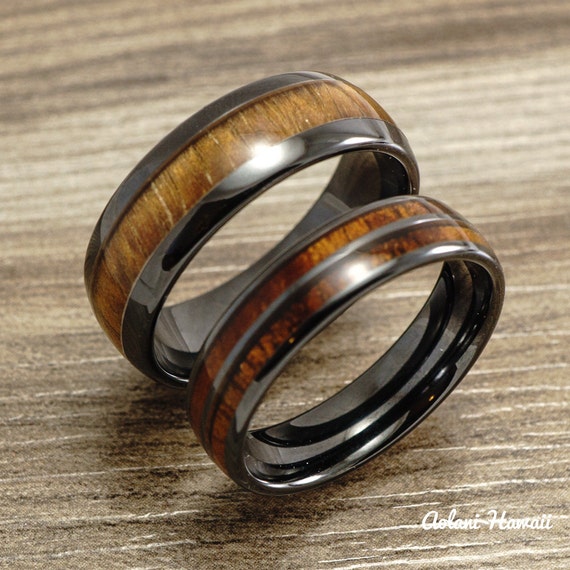 Wedding Ring Set - Black Ceramic Ring with Koa Wood Inlay (8mm  6mm ...