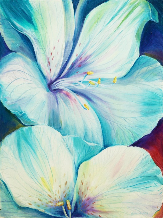 ART Original Oil Painting Two Flowers Home decor Wall decor