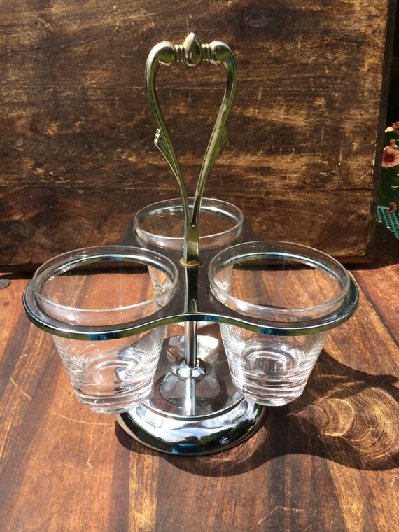 Vintage Metal and Glass Condiment Tray with three Glass Bowls.