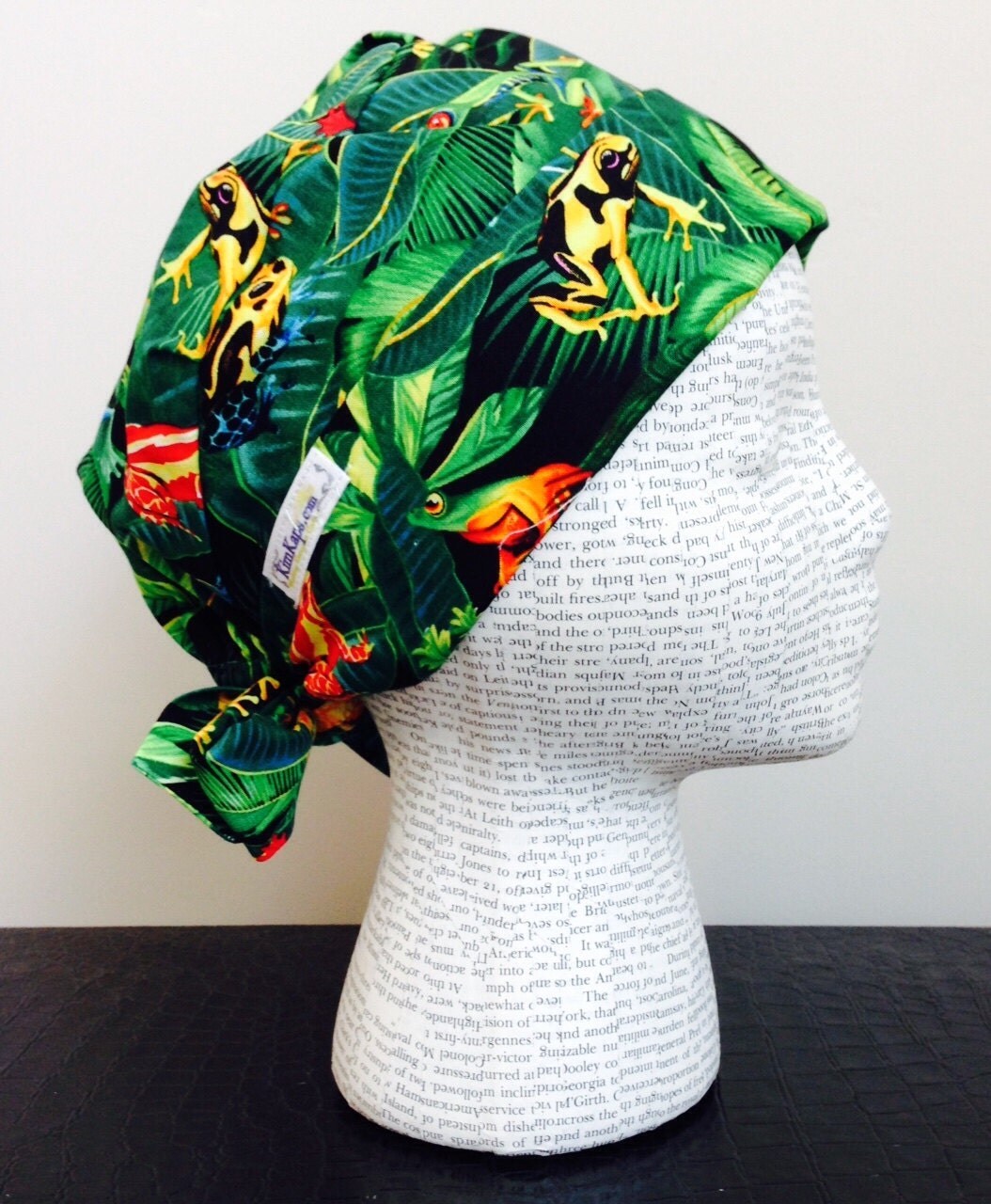 Tie Back Surgical Scrub Cap featyrubg vibrant print with frogs