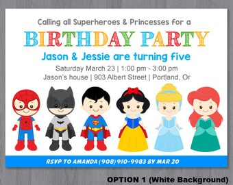Superhero and Princess Invitation, Superhero and Princess Birthday Invitation, Superhero Princess Party