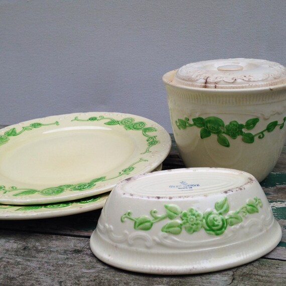 Lot of ivory and green Oven Serve ware Oven Serve plates