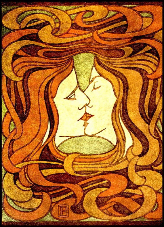 Art Nouveau Print Vintage Peter Behrens 'The Kiss'