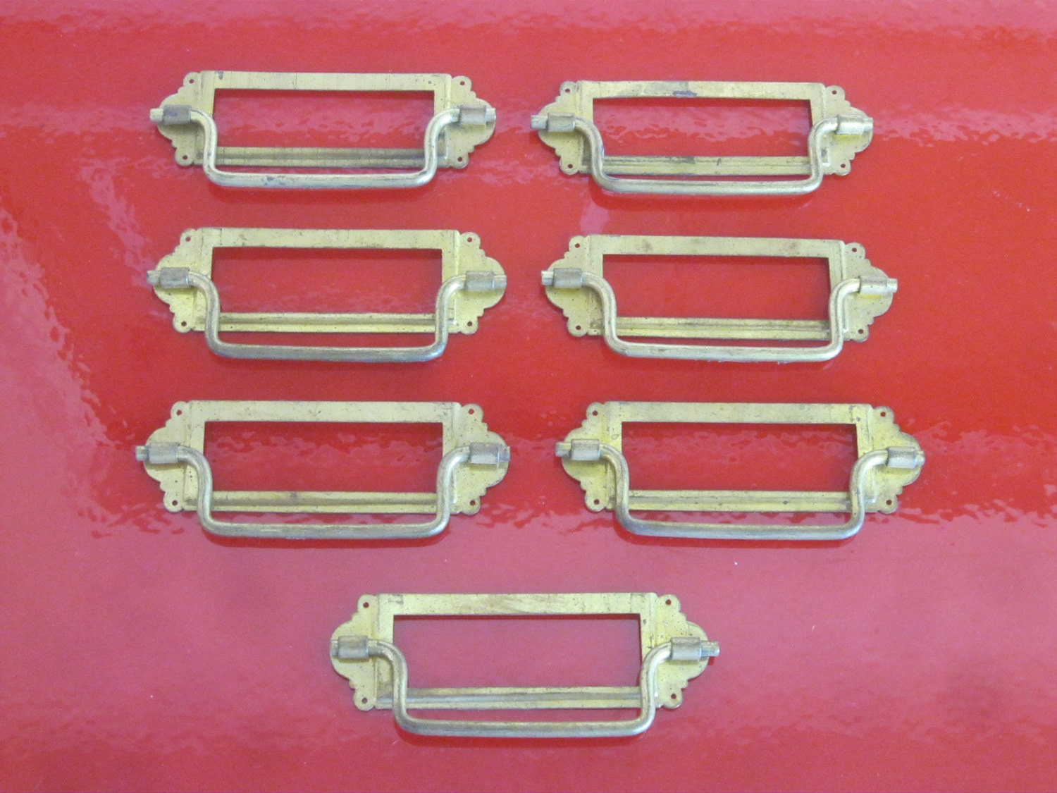 Set of 7 Bin Tag Drawer Pulls / Library Bin Pulls / Brass Tag Drawer
