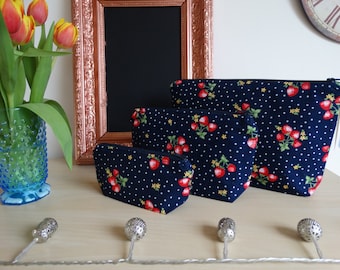 Black Strawberry Printed Make Up Bag. 100% Cotton. Toiletries Bag. Wash Bag. 2 Sizes Available.