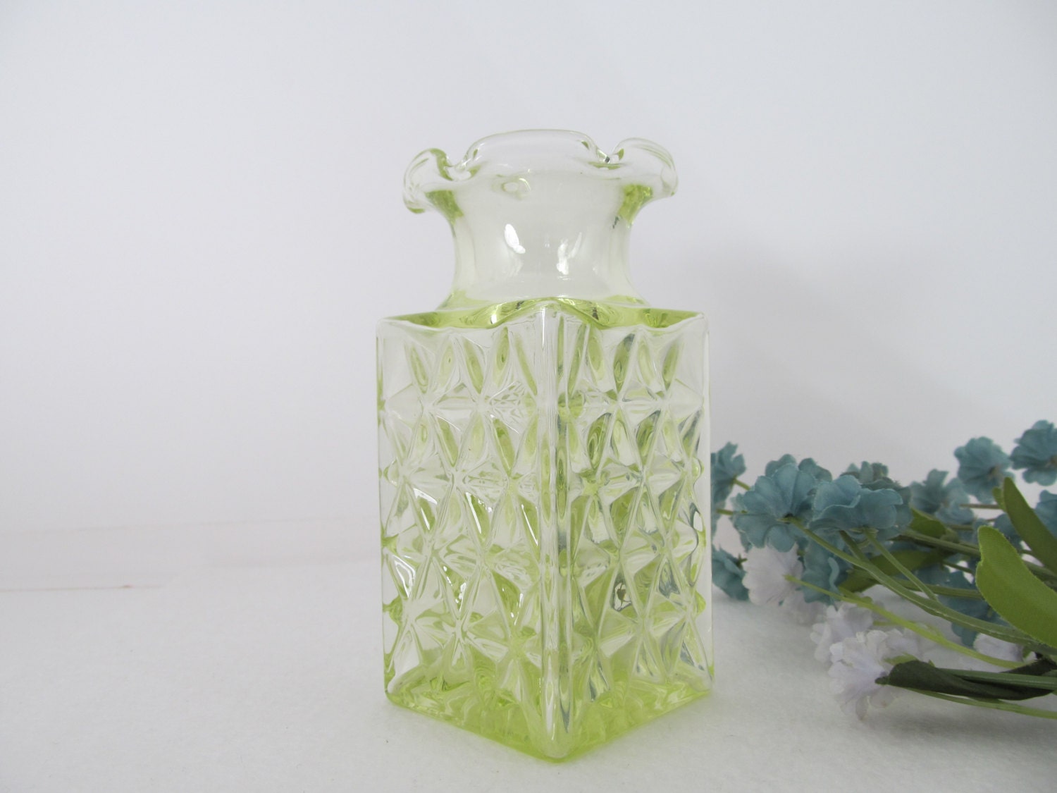Vintage Vaseline Glass Cruet Ruffled Edged Vase with Square