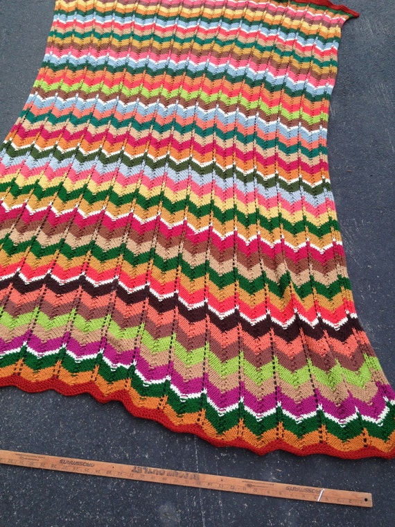 Knitted Chevron Afghan. 50 x 72. Soft Yarns. Multi-colored.