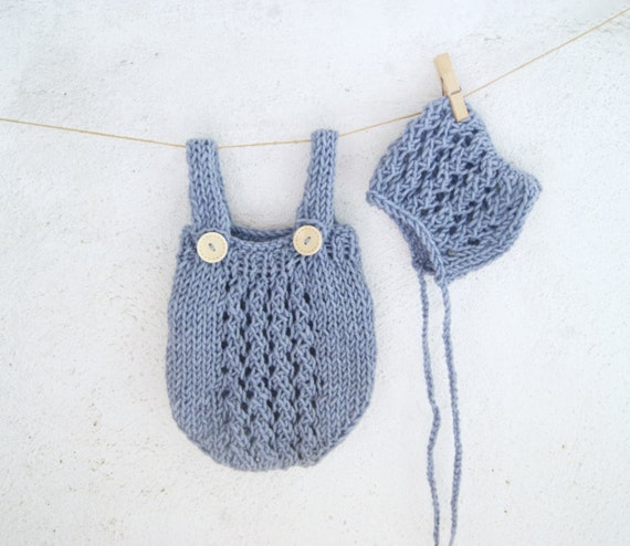 Blue Hand Knit Baby Romper and Bonnet Set / Knitted Baby