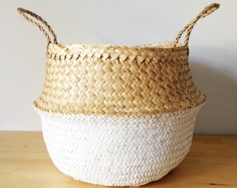 Dipped Dyed White Belly Basket Seagrass Panier Poule Large Medium Nursery Storage Planter Picnic Bag Toy storage Home Sweet Home Organizer