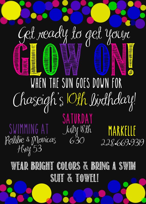 Girls Glow Party Birthday Invitation DIGITAL by LoveHollyDesigns