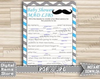 Baby Shower Mad Libs Blue Gray Chevron with Mustache, Advice Parents Cards - Printable Mad Libs with Mustache - Instant Download - m1