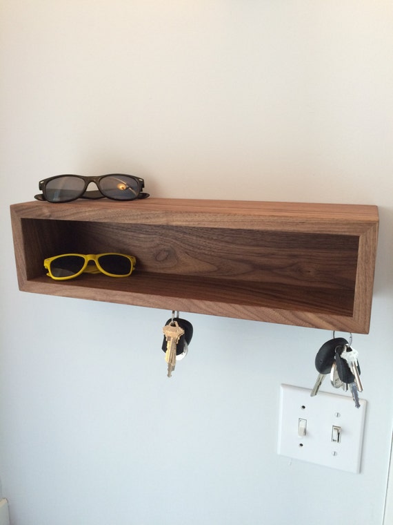 Floating Shelf / Modern Entryway Wall Organizer with Magnetic Key Hooks in Choice of Hardwood, Mid Century Modern Style