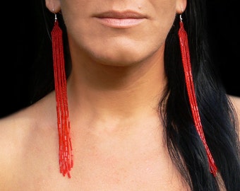 Very Long Earrings. Long Red Earrings. Shoulder Dusters. Beadwork.