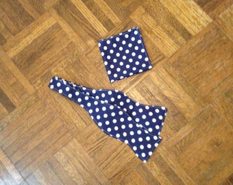 Blue with white polkadots Hand Crafted Bow tie and Pocket Square