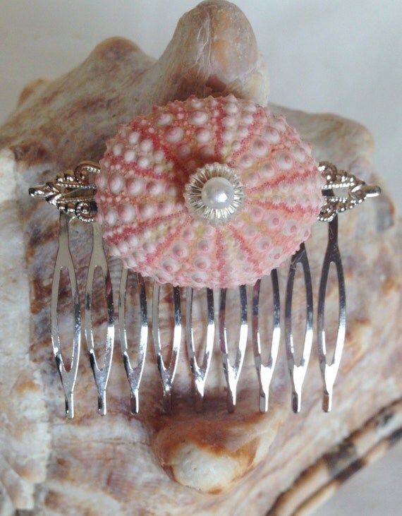 Natural Pink Sea Urchin Hair Comb with Pearl Silver Hair