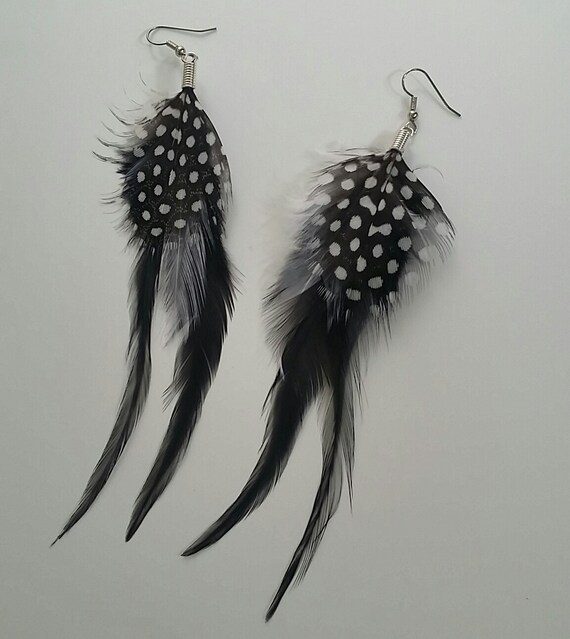 Black Feather Earrings with White Polka Dot by BirdFurJewelry