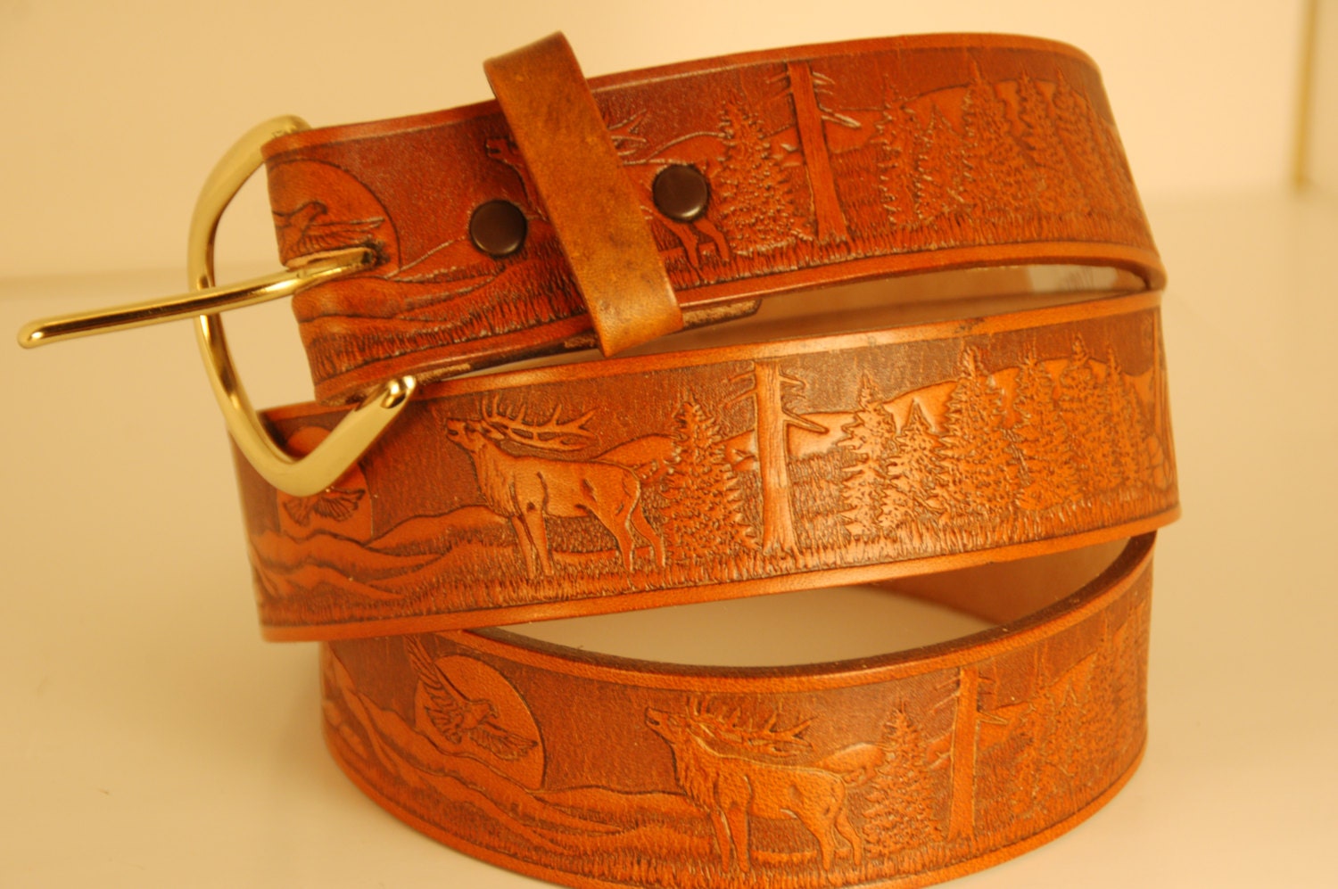 Leather Belt Embossed Wildlife Bear Eagle Elk
