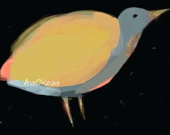 Oiseau gris, jaune, orange, dessin numérique original, impression de qualité, type giclée. Cadre non-inclus.