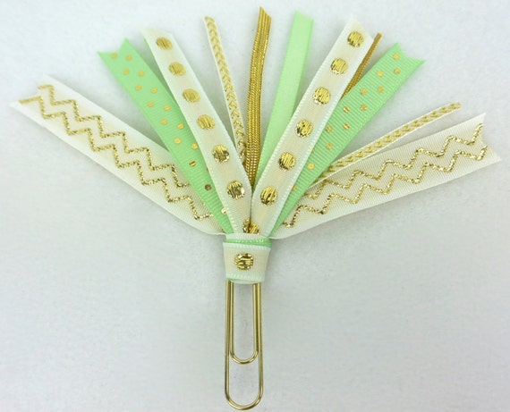 Gold White Pastel Mint Green Planner Jumbo Paper Clip Ribbon Tassel ...