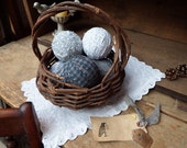 Set of 6 Blue Rag Balls, Prim Fabric Balls, Bowl Fillers, Shabby Chic, Ornies, Primitive Decor, Cottage Chic, Country Accent, Rag Wrapped