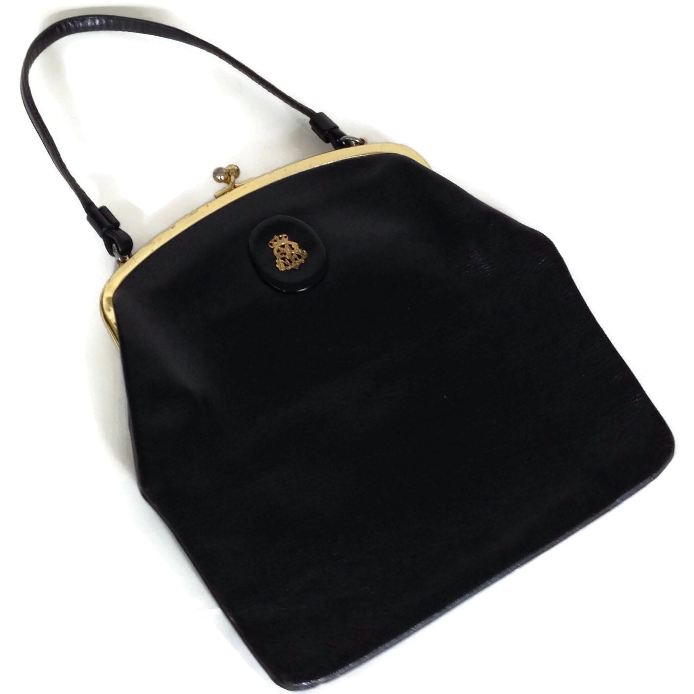 Saks Fifth Avenue Vintage Handbag Black Leather with Gold Tone