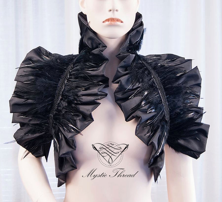 Black shiny taffeta shrug bolero with black feathers-gothic