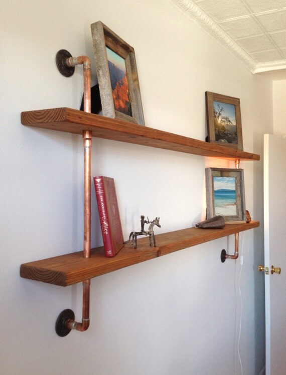 Items similar to Wooden Copper Pipe Shelf on Etsy