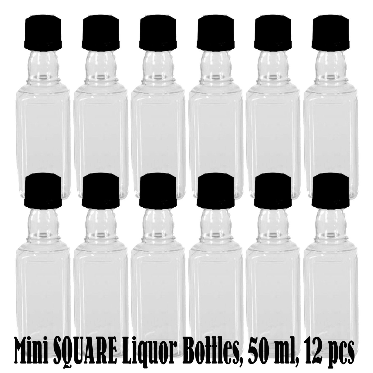 Mini SQUARE Plastic Alcohol 50ml Liquor Bottle Shots Caps