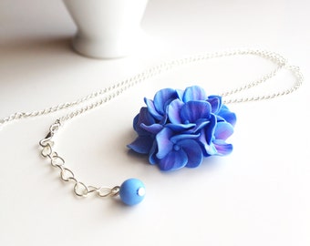 Hydrangea pendant, hydrangea necklace, polymer clay necklace, flower touch, flower pendant, polymer clay flowers, handmade jewelry, blue