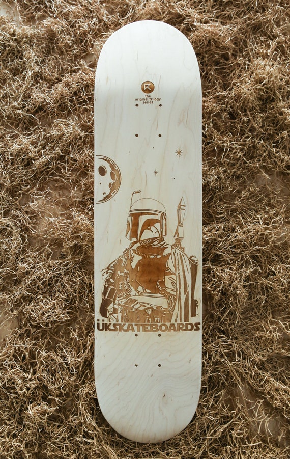 Laser engraved Boba Fett skateboard deck. by UberKreativeDesign